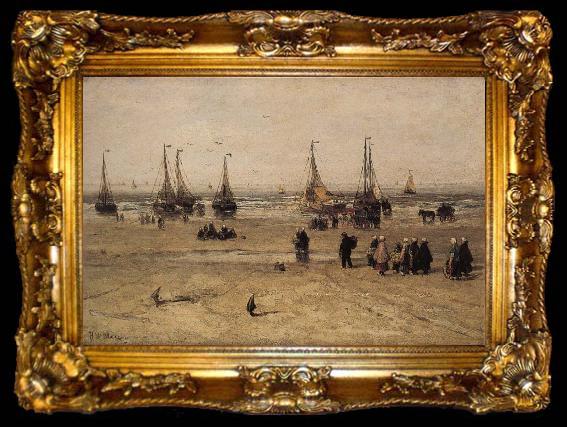 framed  Hendrik Willem Mesdag Flat-bottomed Fishing Pinks and Fisherfolk at Scheveningen, ta009-2